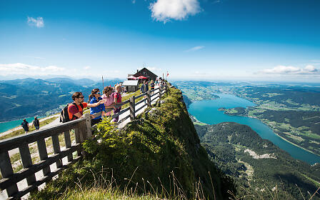 Scenic mountain viewpoint with visitors overlooking a turquoise lake and mountainous landscape in the Austrian Alps.