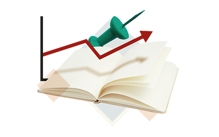 Symbolbild mit offenem Notizbuch, grüner Pinnnadel und aufsteigendem Diagramm – Sinnbild für Planung, Analyse und Wachstum.