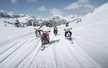 Four winter cyclists riding on a snow-covered mountain road with majestic mountain landscape and snow-covered pine trees in the background.