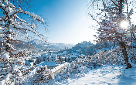 Winter panorama of Salzburg with snow-covered trees, historic buildings, and Hohensalzburg Fortress in the background under a bright blue sky.