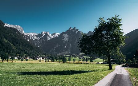 Malerische Berglandschaft mit grüner Wiese, Straße und schneebedeckten Alpengipfeln im Hintergrund unter blauem Sommerhimmel.