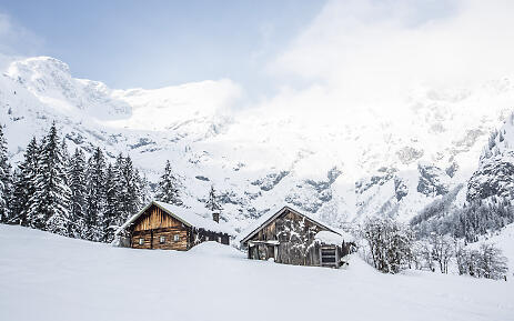 Amidst a breathtaking winter backdrop in SalzburgerLand, two rustic wooden cabins stand gently embedded in a fairytale-like snowy landscape. Mighty, snow-covered mountains rise in the background, while pine forests bathe the scenery in delicate white and green. Two snow-covered wooden cabins in a winter mountain landscape of SalzburgerLand, surrounded by snow-laden pine trees and majestic alpine peaks.