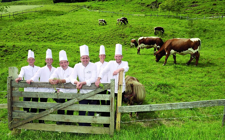 Sechs Köche in weißer Kochkleidung stehen an einem Holzzaun auf einer saftig grünen Weide mit weidenden Kühen und einem Pony.